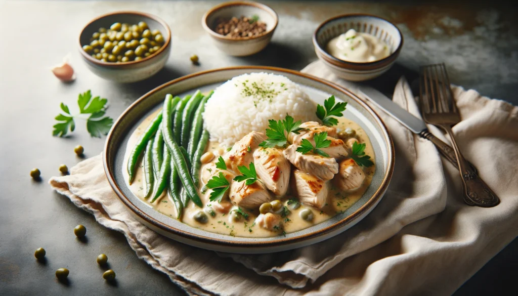 A beautifully presented dish of chicken fricassee with tender chicken pieces in a creamy white sauce, garnished with fresh parsley, served with white rice and green beans.