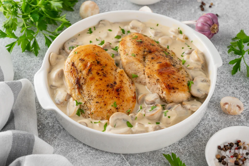 This dish features succulent chicken breasts cooked in a rich, creamy white sauce, accompanied by sautéed mushrooms. The chicken is first gently sautéed to retain its tenderness. Mushrooms are then added to the pan, bringing an earthy depth to the sauce. The dish is finished with a touch of cream, creating a velvety texture that complements the tender chicken and mushrooms. Garnished with fresh herbs, this fricassee is both elegant and comforting, perfect for a sophisticated yet hearty meal.