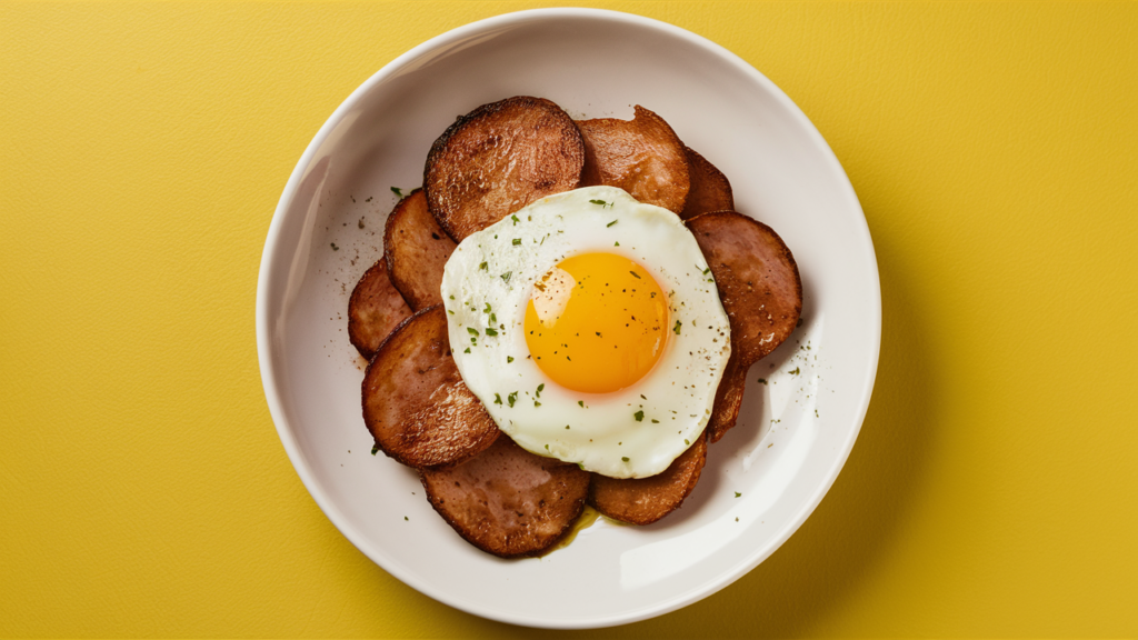 A neatly arranged dish of fried bologna slices topped with a sunny-side up egg, presented on a white plate over a bright yellow background