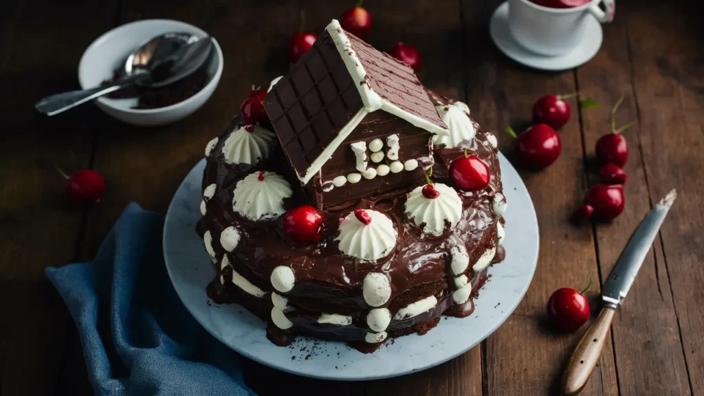 Decadent Swiss chocolate chalet cake on a rustic wooden platter