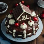 Decadent Swiss chocolate chalet cake on a rustic wooden platter