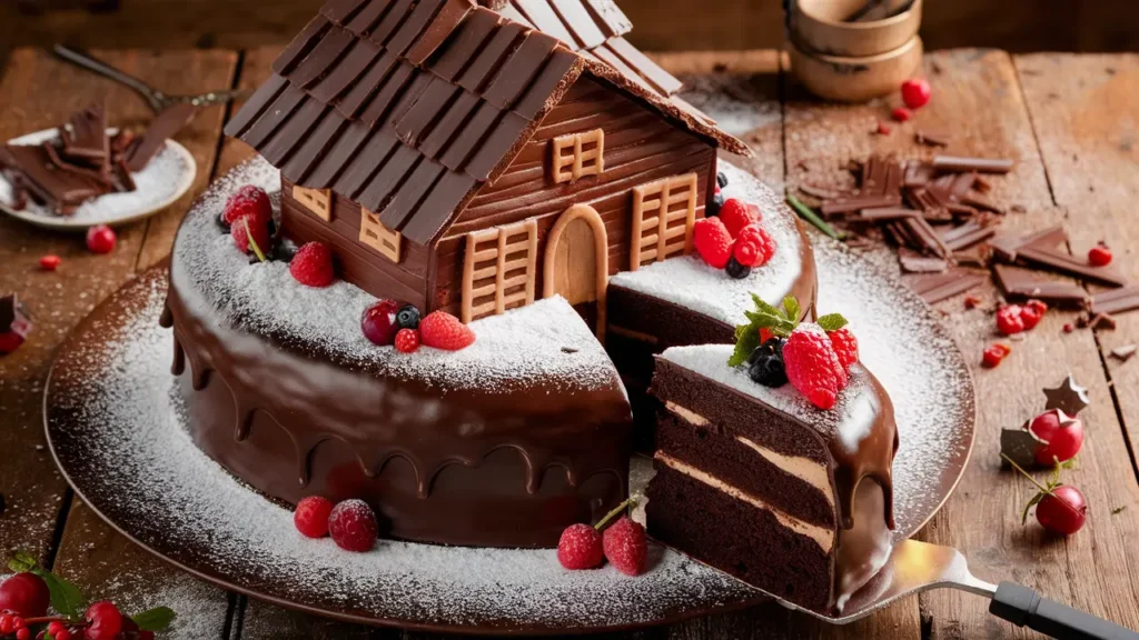 Swiss Chalet Chocolate Cake decorated with chocolate shingles, fondant windows, and fresh berries, on a rustic table