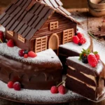 Swiss Chalet Chocolate Cake decorated with chocolate shingles, fondant windows, and fresh berries, on a rustic table
